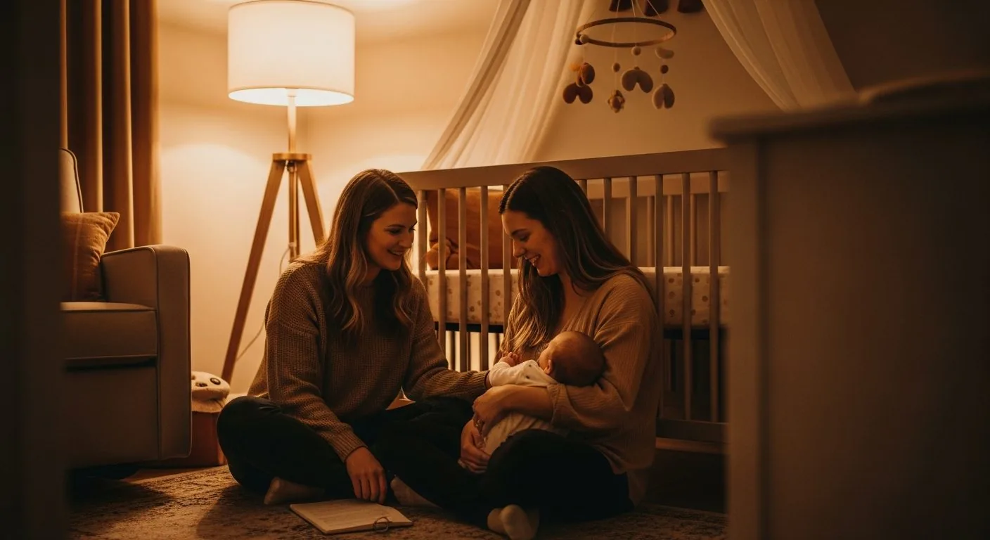 A mother holding her newborn beside the crib in a dimly lit nursery, with another woman sitting alongside
